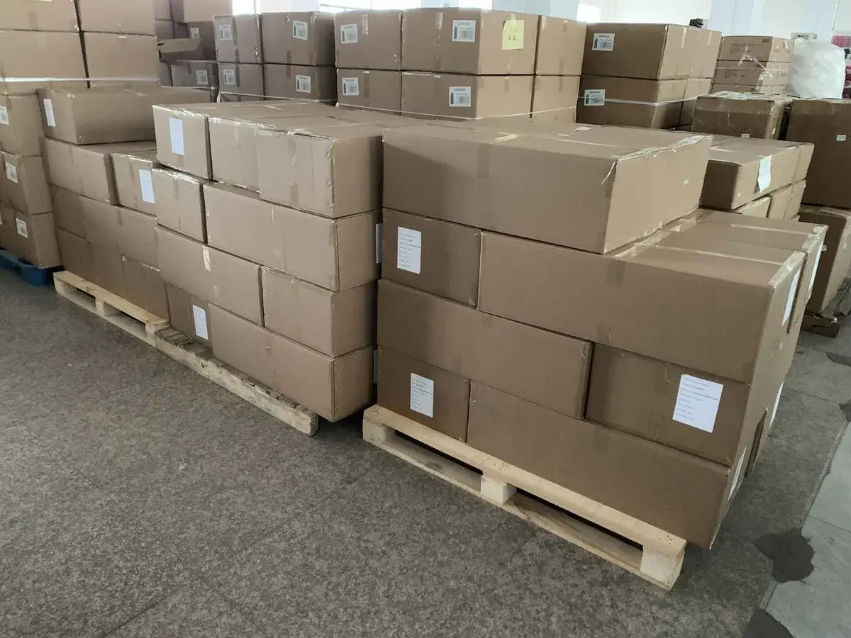 Labeled export cartons prepared for inspection before shipment.