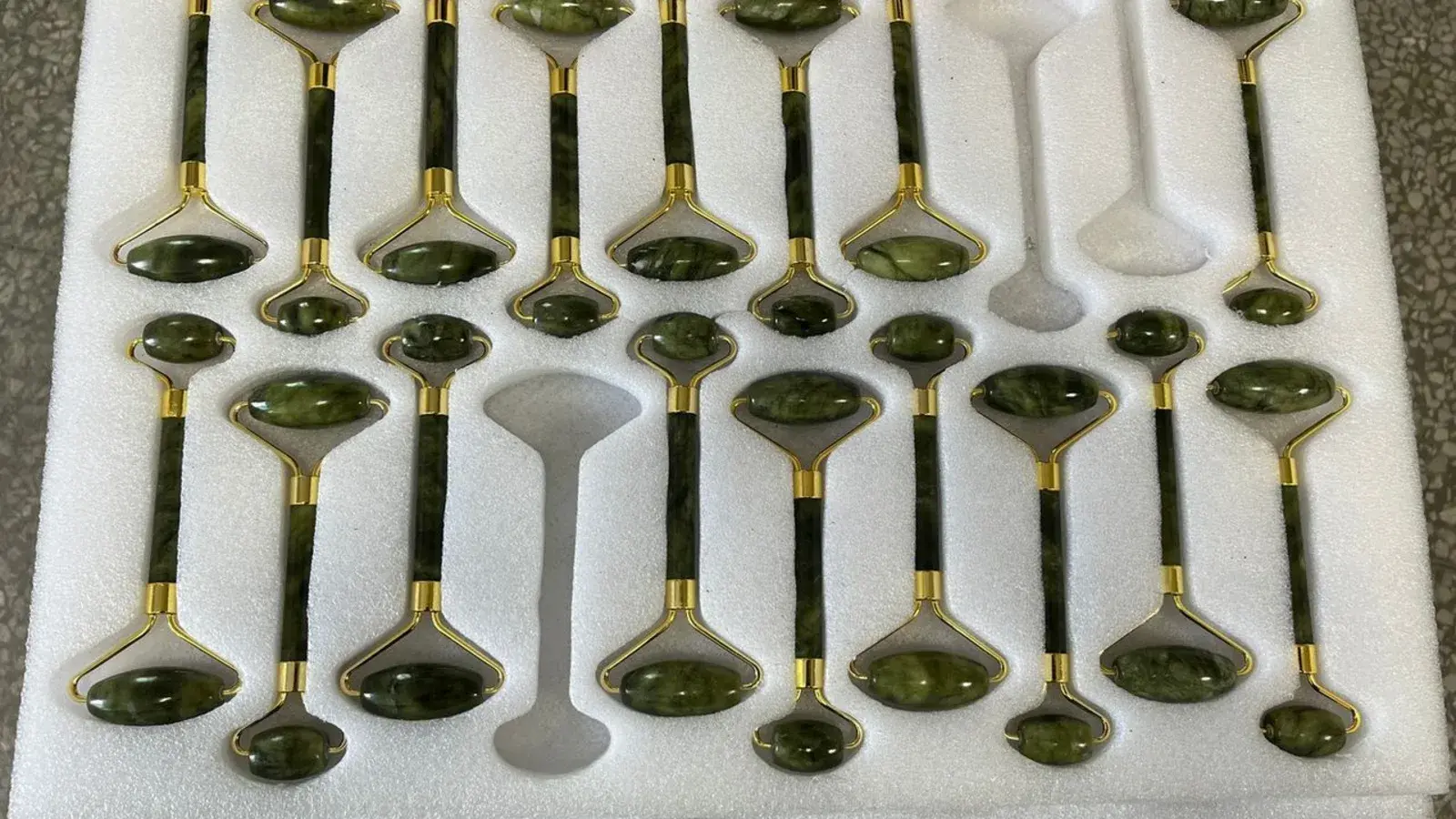 Product batch arranged in protective foam for quantity, assortment, and visible-condition checks before shipment.