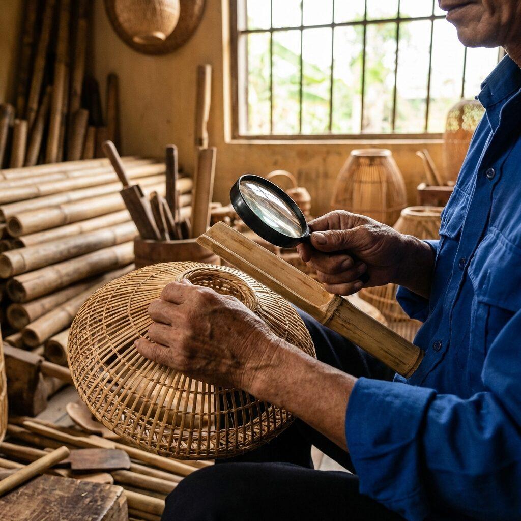 Inspecting woven bamboo home goods.