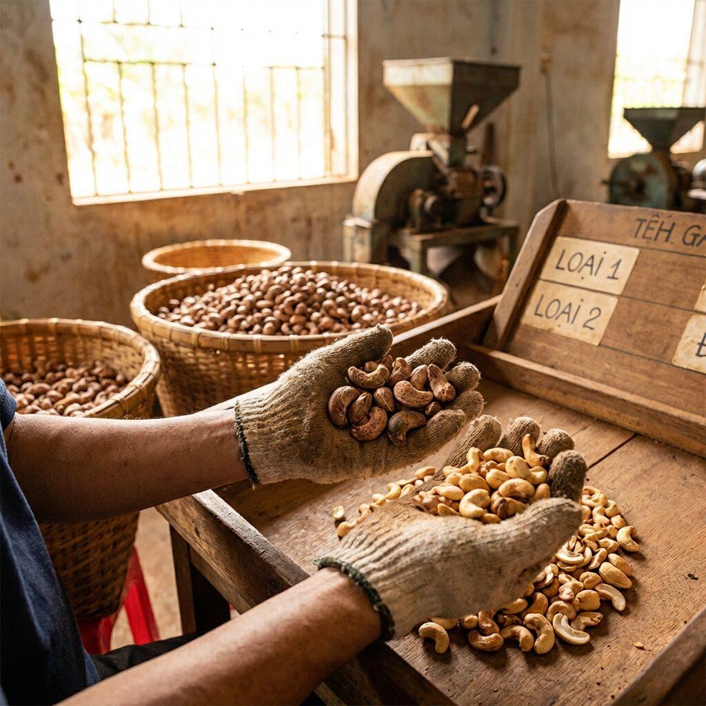 Sorting cashews during quality checks.