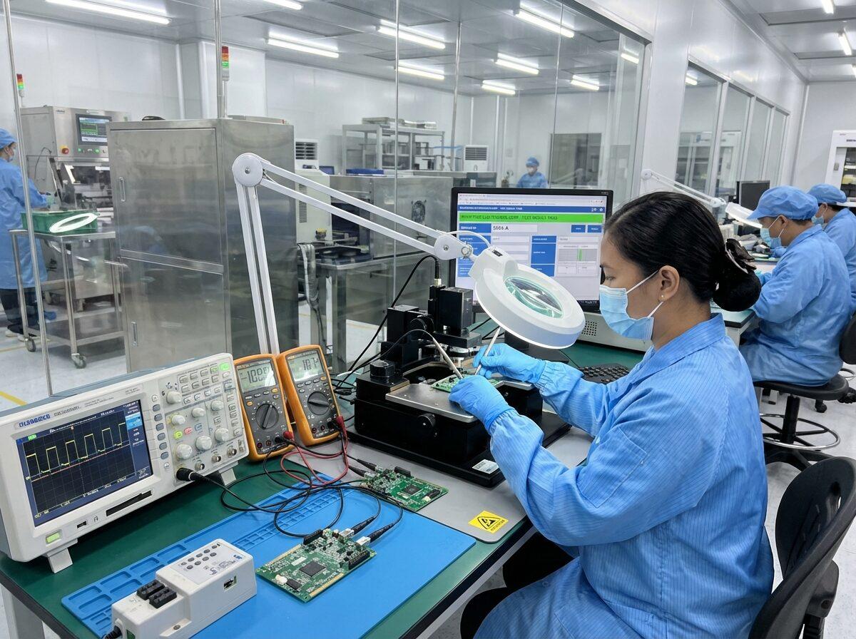 Technician testing electronics during a quality inspection.
