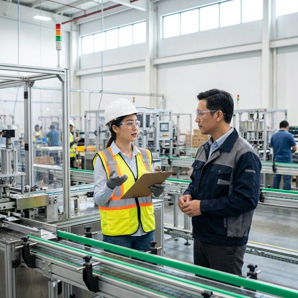 Inspector consulting with a production manager on a factory line.
