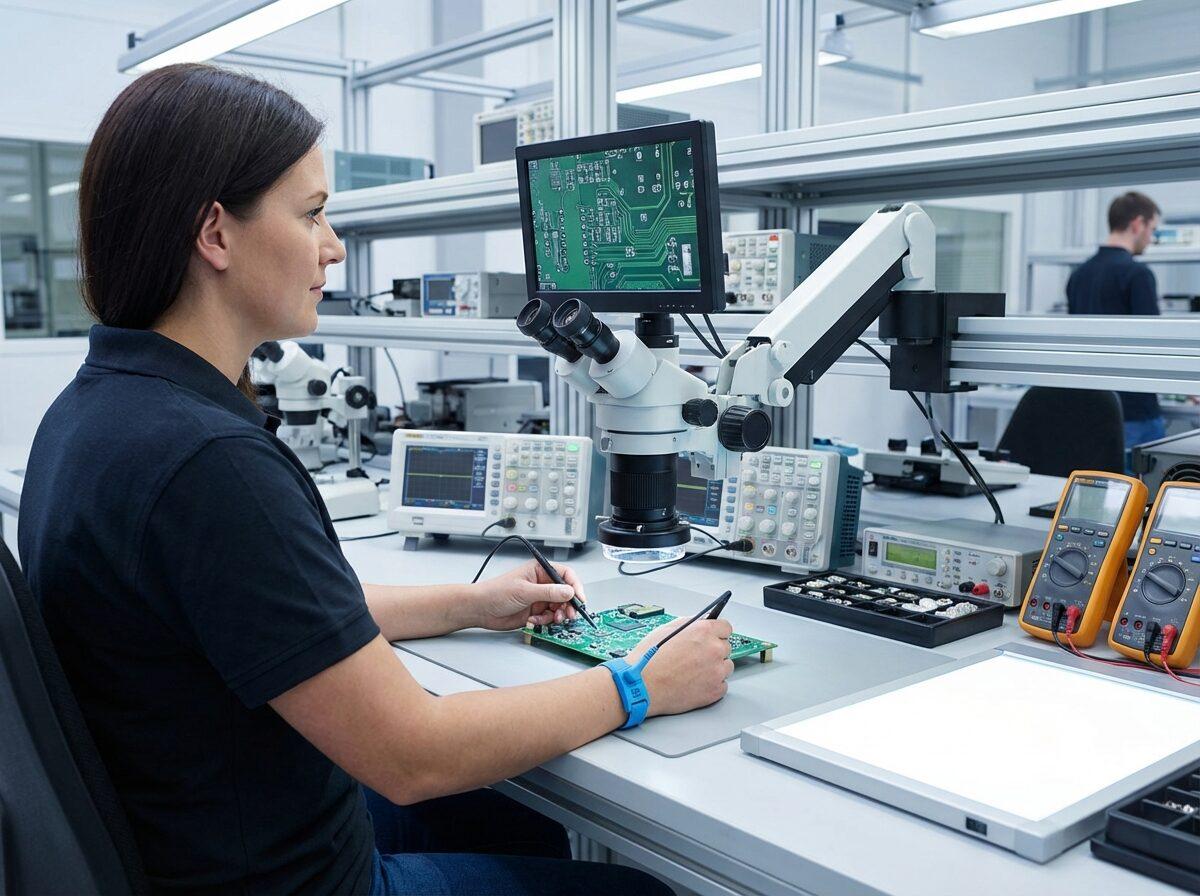 Quality control technician reviewing a circuit board.