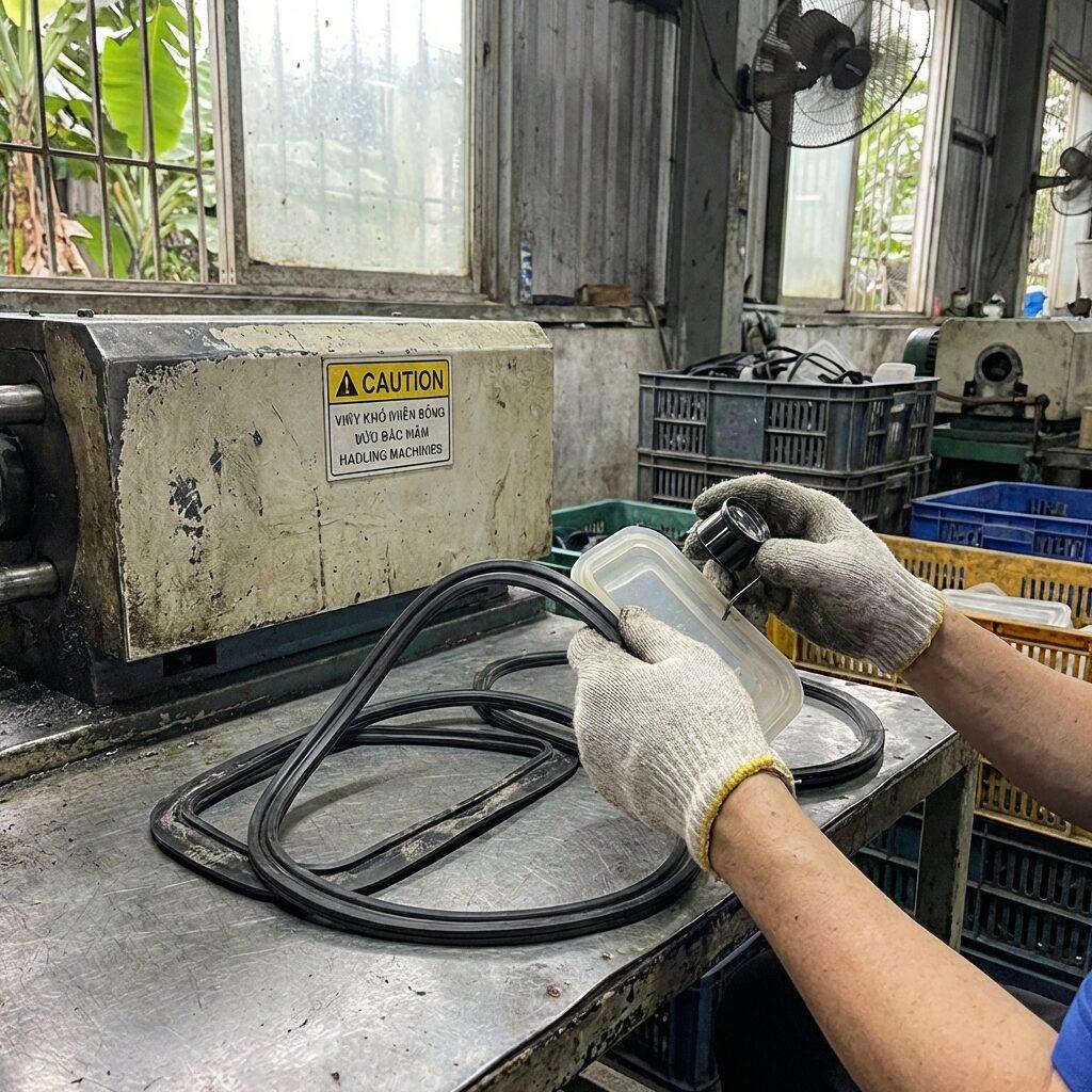 Quality check on rubber gaskets and seals.