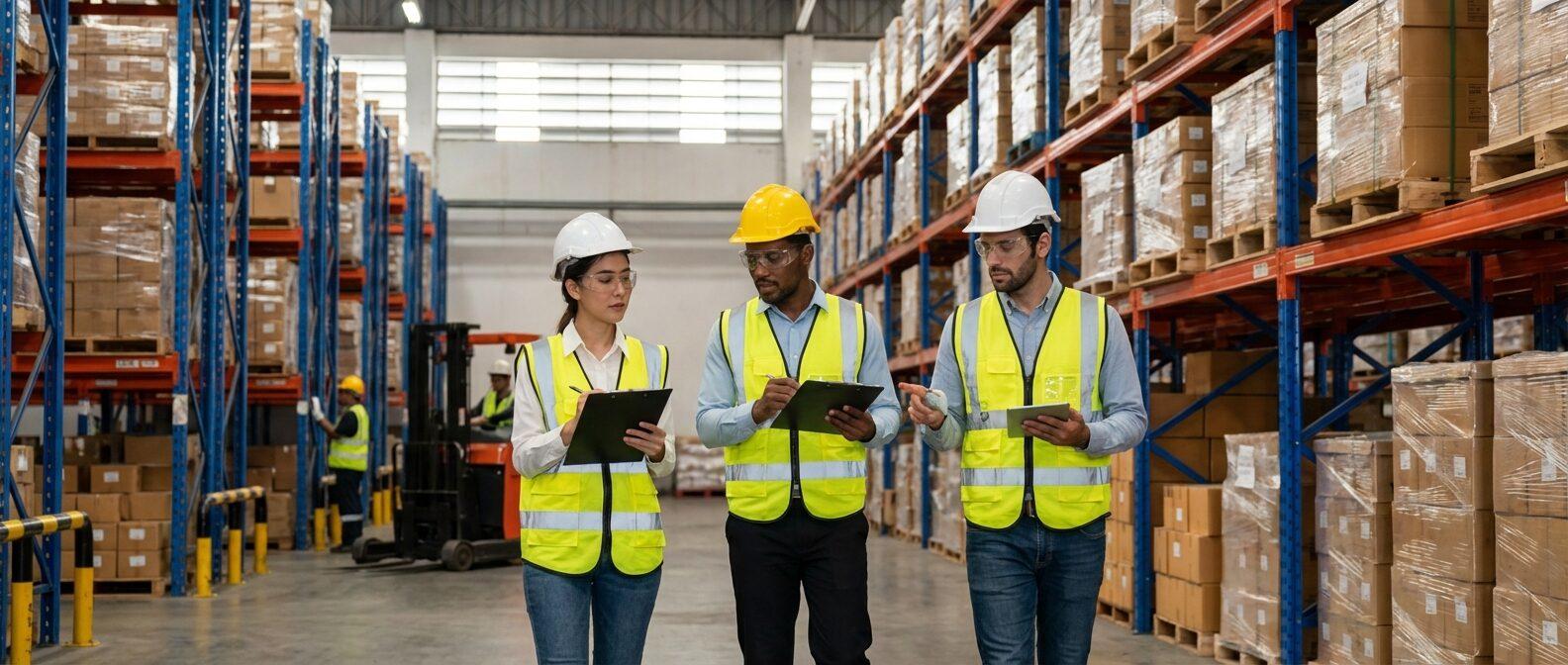 Inspection team reviewing inventory inside a warehouse.