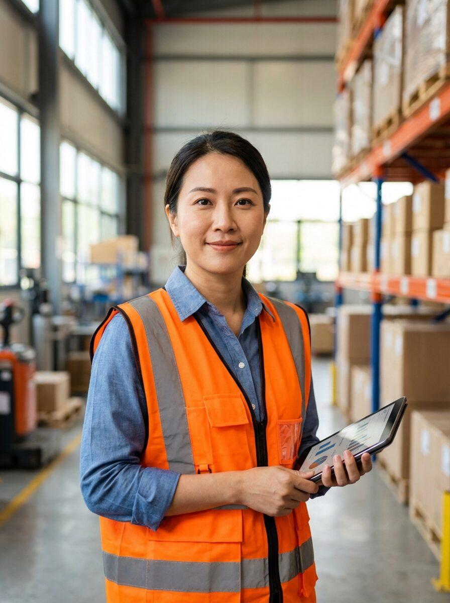Inspector in a warehouse reviewing a checklist on a tablet.