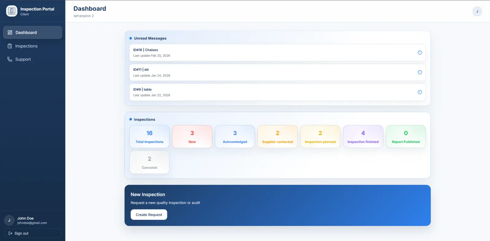 Panel de escritorio de Inspection Portal App con mensajes no leidos y tarjetas de estado de inspección.