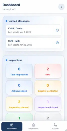 Vista móvil del panel de Inspection Portal App.
