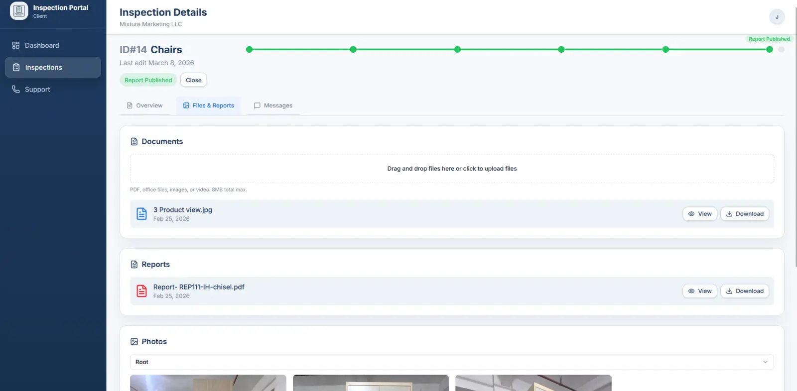 Vista de escritorio del detalle de inspección con etapas de estado, archivos, informes y fotos.