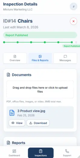 Vista móvil del detalle de inspección con progreso de estado y acceso a archivos.