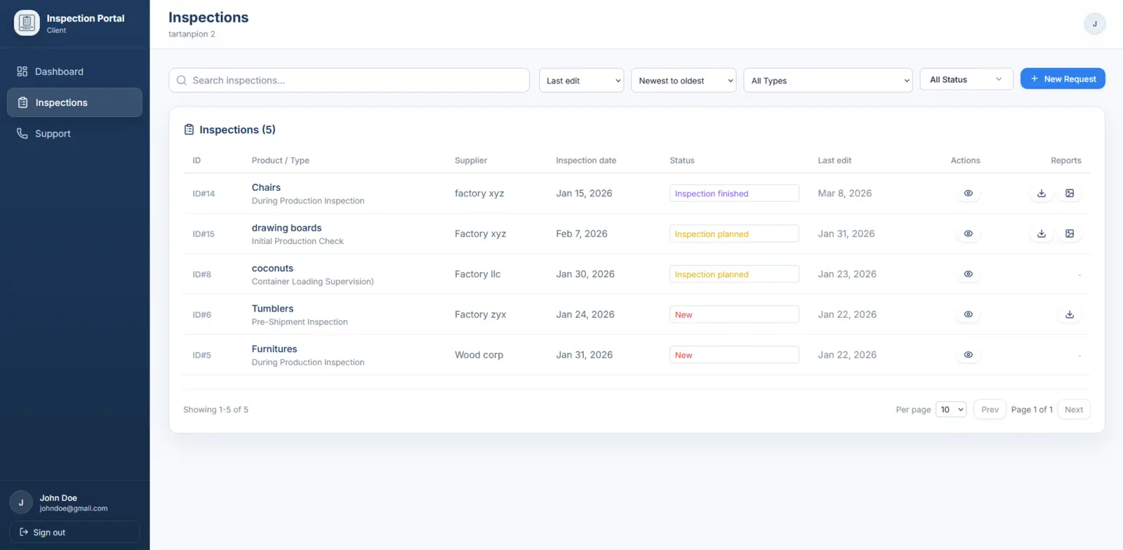 Vista de escritorio de la lista de inspecciones con filtros, estados y accesos directos al informe.