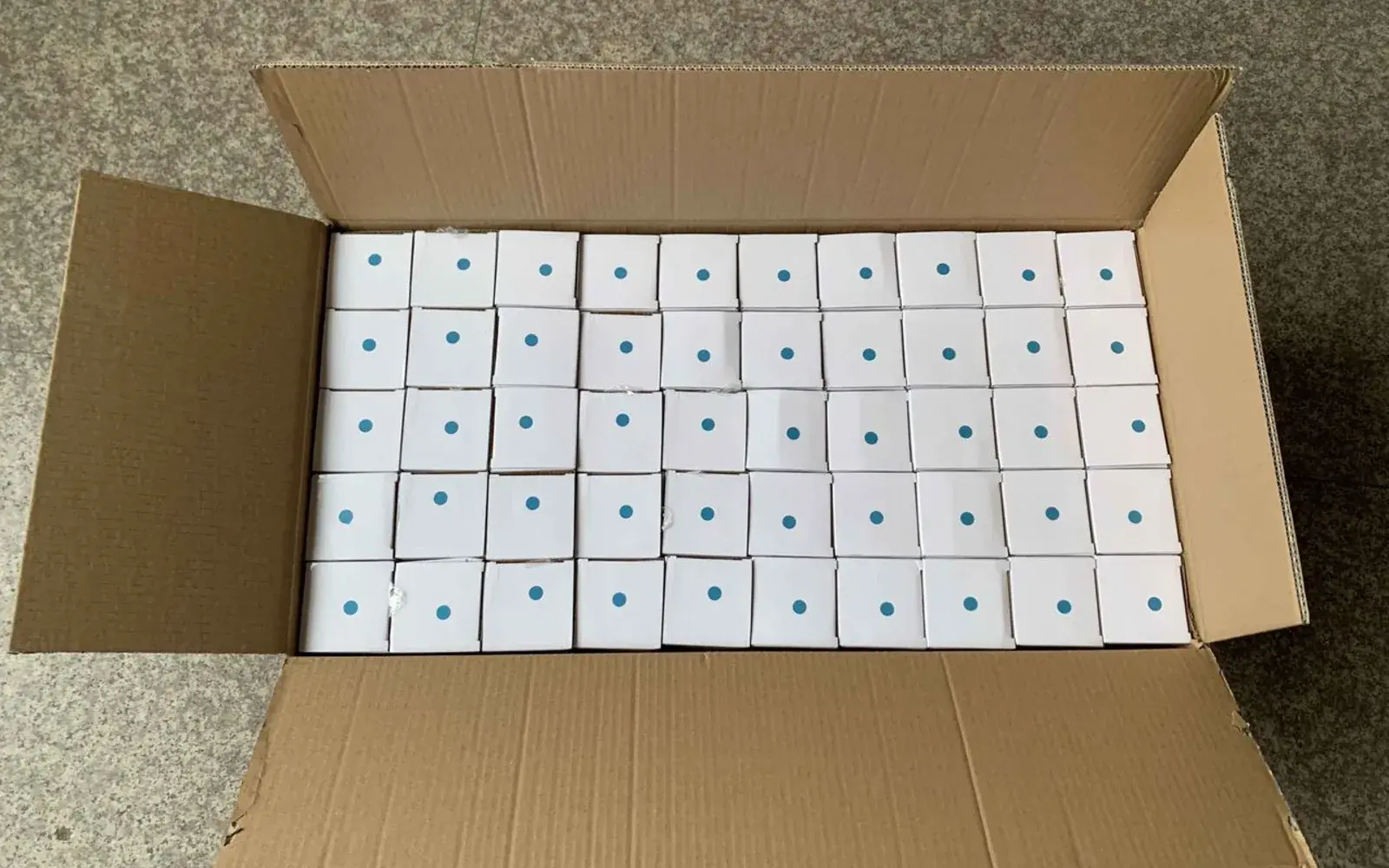 Product units arranged inside an open carton before sampling checks.